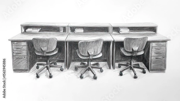Fototapeta Row of office desks and chairs drawn in graphite pencil.