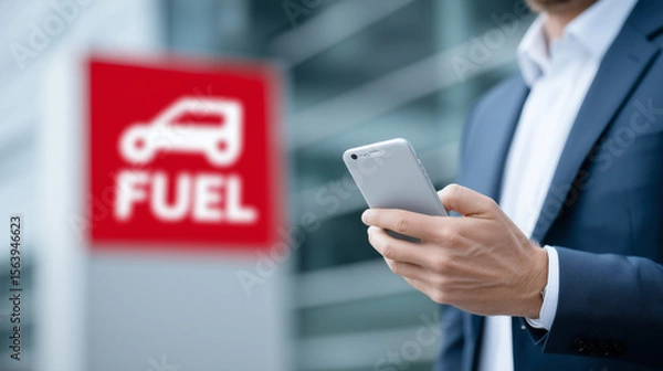 Fototapeta Close-up of phone held toward fuel sign, display clear for app interface