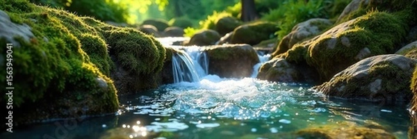 Obraz Sparkling Spring Water Cascading Over Mossy Rocks in Sunlight A Vibrant Nature Scene Perfect for Ecology, Environmental, and Wellness Themes