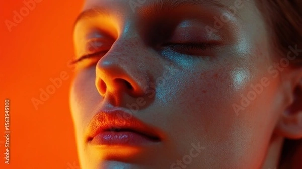 Fototapeta Close-up portrait of a woman's face illuminated by vibrant lighting.