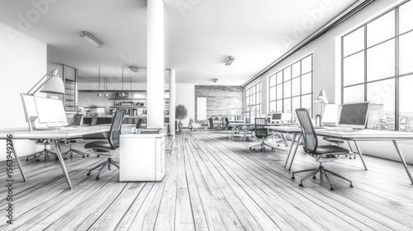 Fototapeta A modern, open-plan office space, rendered in grayscale.