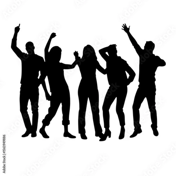Fototapeta Group of friends dancing and celebrating in silhouette on white background  