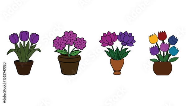 Fototapeta Collection of potted flowers including tulips lotuses and daisies in various colors