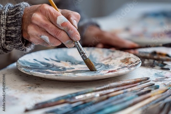 Obraz Close-up of artist's hands holding brush mixing paints on palette; several paintbrushes lie on table, creative process
