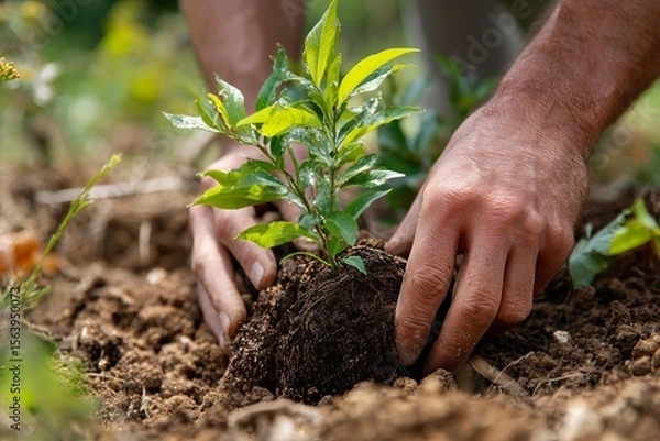 Obraz Hands planting small tree in soil for reforestation project, gardening, ecological conservation and environmental care