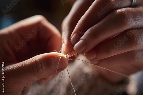 Obraz Close-up of Caucasian hands stitching with delicate thread, showcasing intricate needlework and textile craftsmanship