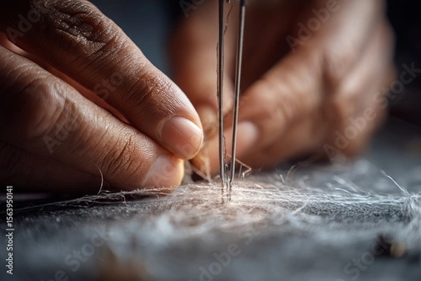 Obraz Close-up Asian hands sewing with a needle, working carefully on material, detailed texture and skilled craftsmanship