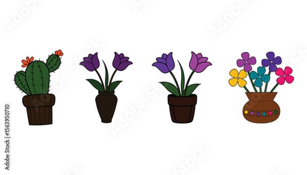 Fototapeta Collection of potted plants including a cactus and various colorful flowers