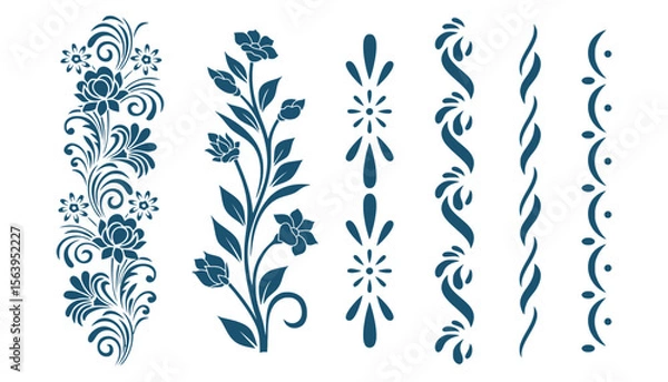 Fototapeta Decorative floral elements offer a classic style with beautiful blossoms and flowing lines for elegant designs and backgrounds.
