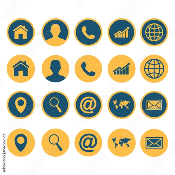Fototapeta Contact information icons arranged in a grid display user, home, email, phone, map, and web elements.