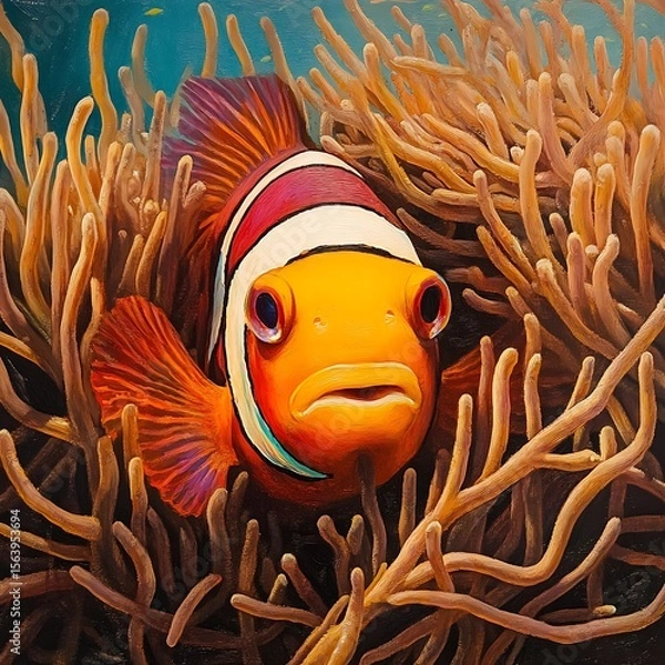 Fototapeta Digital reef scene with clownfish and bold blue textures high resolution picture
