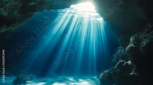 Fototapeta Mysterious sea environment with single ray of golden light high resolution picture