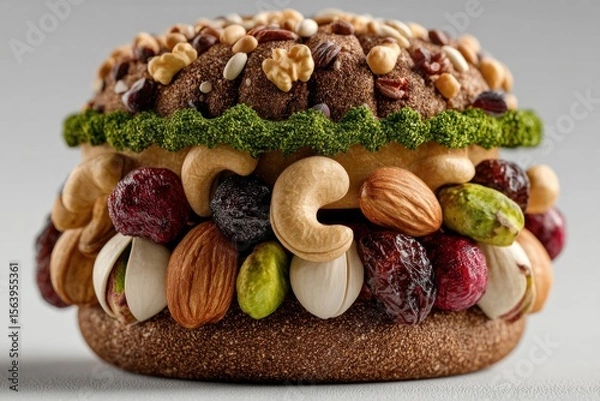 Fototapeta Artfully designed gourmet burger showcases a colorful array of nuts and seeds, creating a visually striking and appetizing presentation