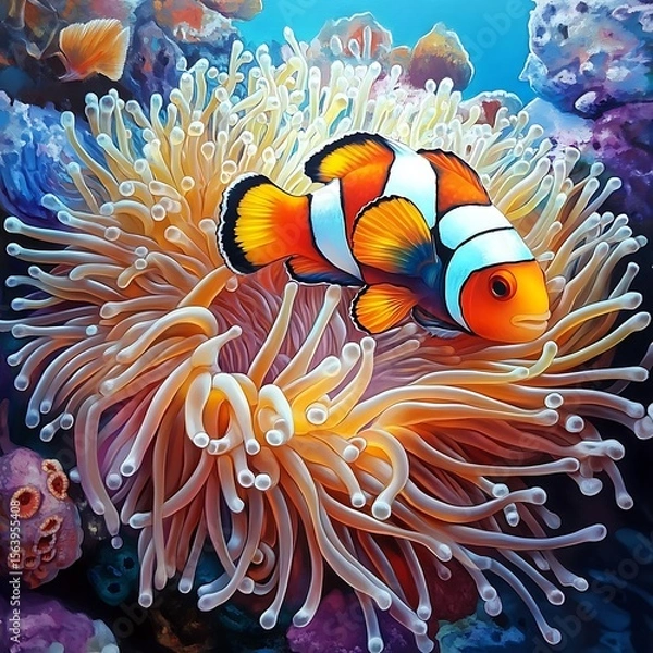 Fototapeta Symbiotic relationship between clownfish and anemone on reef high resolution picture