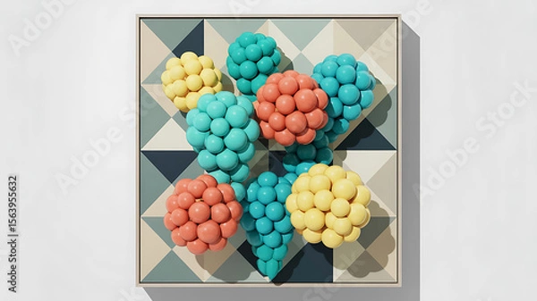 Fototapeta Colorful clustered spheres on a geometric tile pattern.
