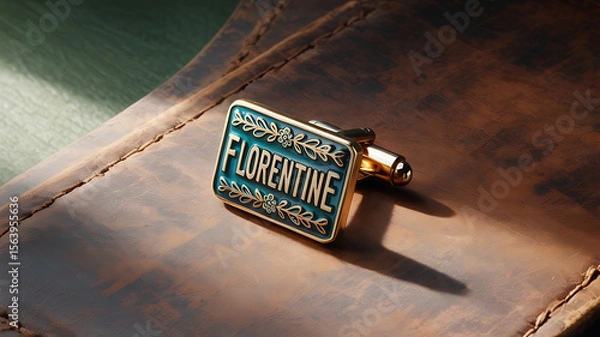 Fototapeta Rectangular cufflinks, teal and gold, with the name "Florentine" engraved.
