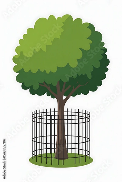Fototapeta A tree in a metal fence, surrounded by grass.
