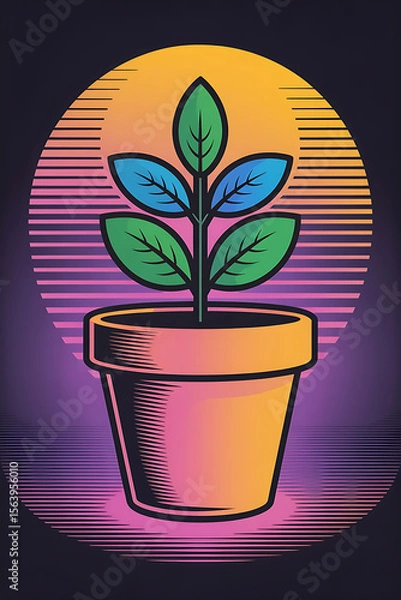 Fototapeta Colorful plant in a pot, retro style.
