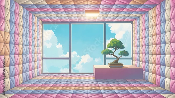 Fototapeta Colorful room with a bonsai, overlooking a bright sky.
