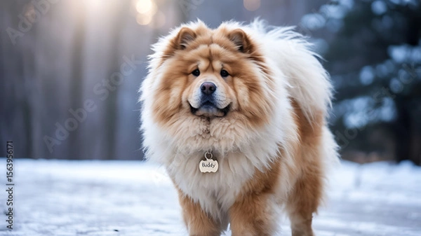 Fototapeta Fluffy chow chow in winter scene. A majestic dog.
