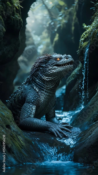 Fototapeta Massive, dark creature sits in a rocky stream. Ancient, mythical beast.
