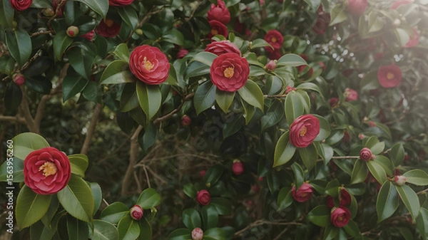 Fototapeta A vibrant display of red camellia blossoms.
