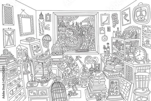 Fototapeta Crowded room, detailed black and white design. Intricate, cluttered space.

