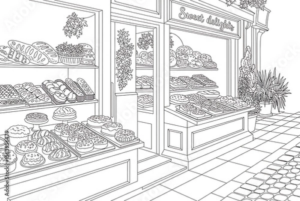 Fototapeta A charming bakery storefront, filled with pastries and breads.
