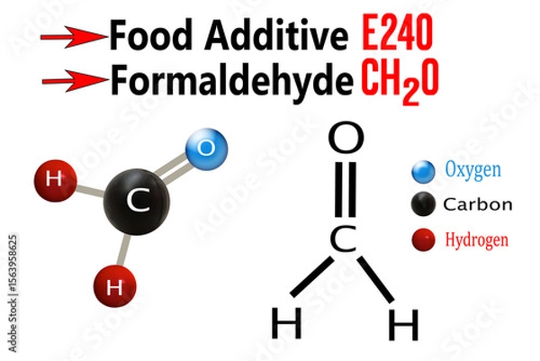 Obraz A 3D illustration showing the structure of the formaldehyde molecule, or E240, which is sometimes used in food to keep it from spoiling.