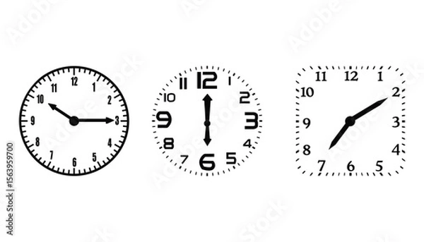 Fototapeta Three different clocks showing different times on a white background