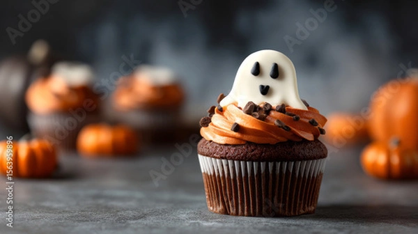 Obraz Halloween cupcake with ghost decoration on dark background with copy space