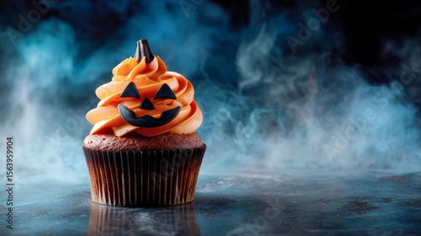 Obraz Halloween cupcake on a foggy dark background with copy space