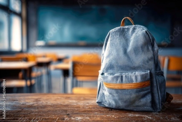 Fototapeta Backpack on wooden desk in empty school classroom with blurred background, back to school concept, learning process