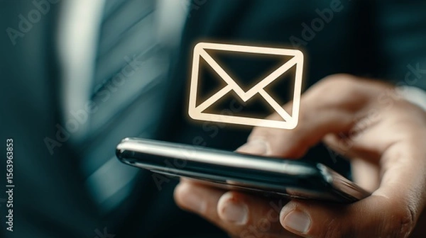 Fototapeta Close up of businessman is checking email on smartphone, highlighting concepts of communication, business networking, and mobile technology