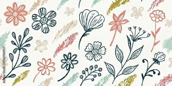 Fototapeta Seamless Floral Pattern: Hand Drawn Flowers & Leaves