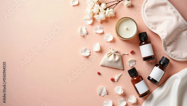 Fototapeta Spa composition with essential oils, aroma candle, sleep mask, flower petals and pouch on soft pastel pink background. Aromatherapy and relaxation concept.