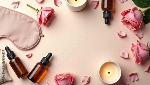 Fototapeta Spa composition with essential oils, aroma candle, sleep mask, flower petals and pouch on soft pastel pink background. Aromatherapy and relaxation concept.