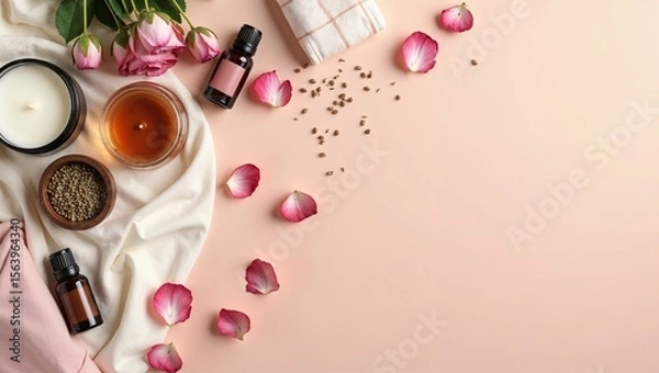 Fototapeta Spa composition with essential oils, aroma candle, sleep mask, flower petals and pouch on soft pastel pink background. Aromatherapy and relaxation concept.