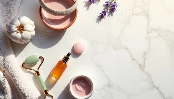 Fototapeta Stylish flat lay with jade face rollers, serum bottle, towel, lavender, and spa elements on marble background. Natural skincare and beauty concept.