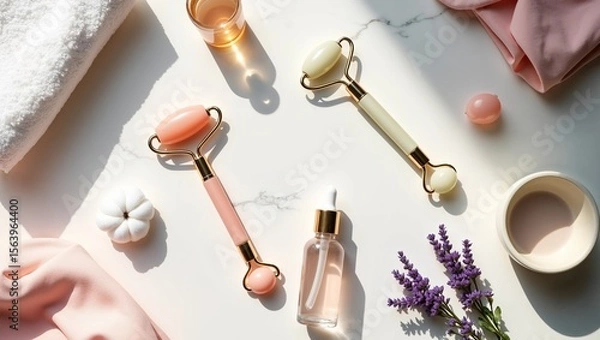 Fototapeta Stylish flat lay with jade face rollers, serum bottle, towel, lavender, and spa elements on marble background. Natural skincare and beauty concept.