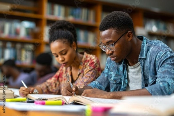 Fototapeta Students studying in library, doing research with focused expressions, high school learning concept