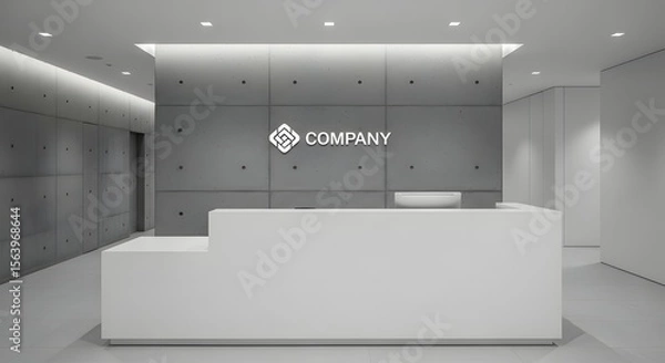 Obraz Modern minimalist office reception area: white desk, concrete wall, company logo.
