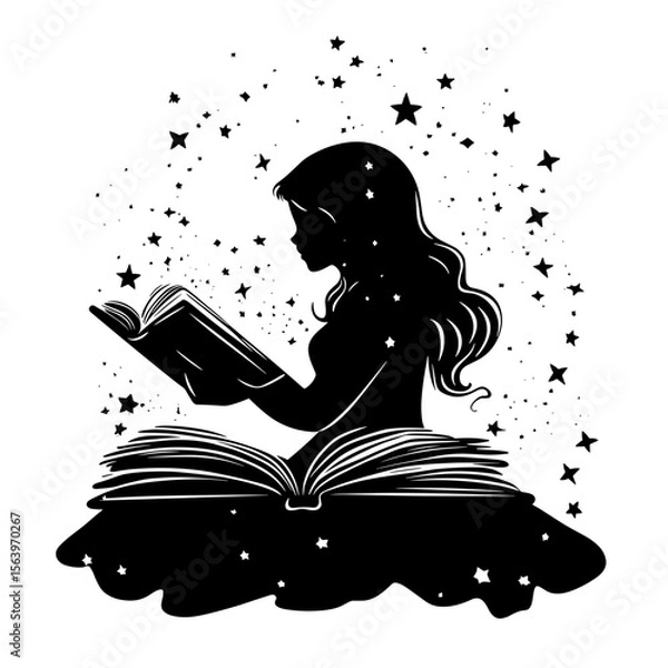 Obraz Silhouette of a girl reading a book surrounded by stars with copy space for educational design
