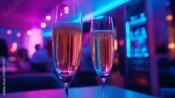Obraz Two champagne glasses filled with bubbly drink on a table in a vibrant, colorful bar or lounge setting with blue and purple lighting.