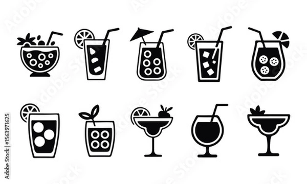 Fototapeta Refreshing Summer Cocktails Icon set vector on transparent background.	