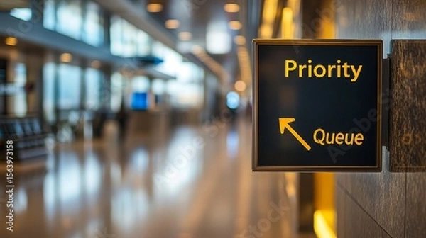 Fototapeta A priority queue sign with an arrow in a modern, blurred airport terminal corridor.