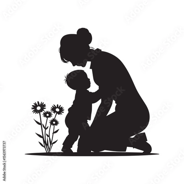 Fototapeta Silhouettes of a mother and her child, a boy, dancing with love and fun, a beautiful black vector illustration of a family