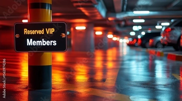 Fototapeta A parking garage with a "Reserved VIP Members" sign on a yellow-black striped pillar, reflecting orange and blue lights on the wet floor.