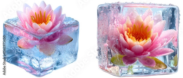 Fototapeta set of 2 artificial pink blooming lotus flower frozen inside ice cubes isolated over white (transparent) background; concept of indian holiday, creative india advertising 