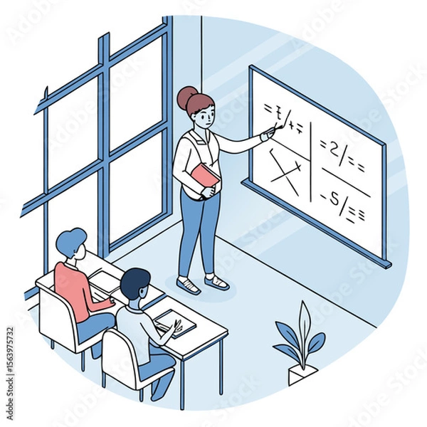 Fototapeta A teacher stands at a whiteboard in a bright classroom explaining a math lesson with equations and diagrams to two attentive students sitting at desks